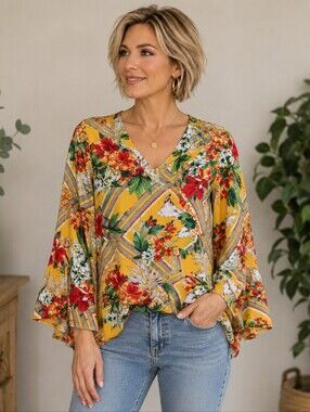 Reverse Yellow Floral V-Neck Peplum Blouse